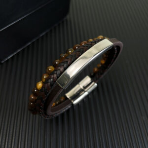 Bracelet en cuir et perle couleur: #Argent, cuir marron